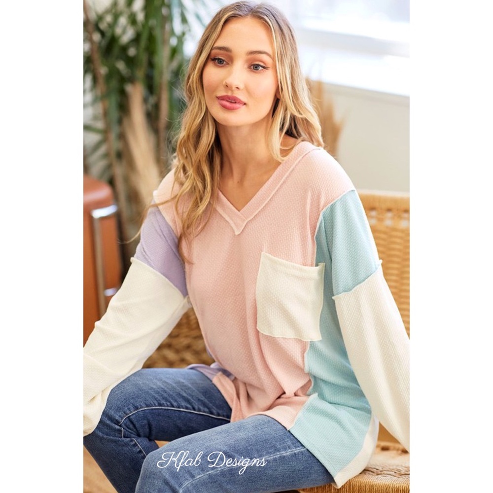 LAST 1! V Neck Pastel Palette Textured Soft Hacci Color Block Top! - Picture 6 of 9